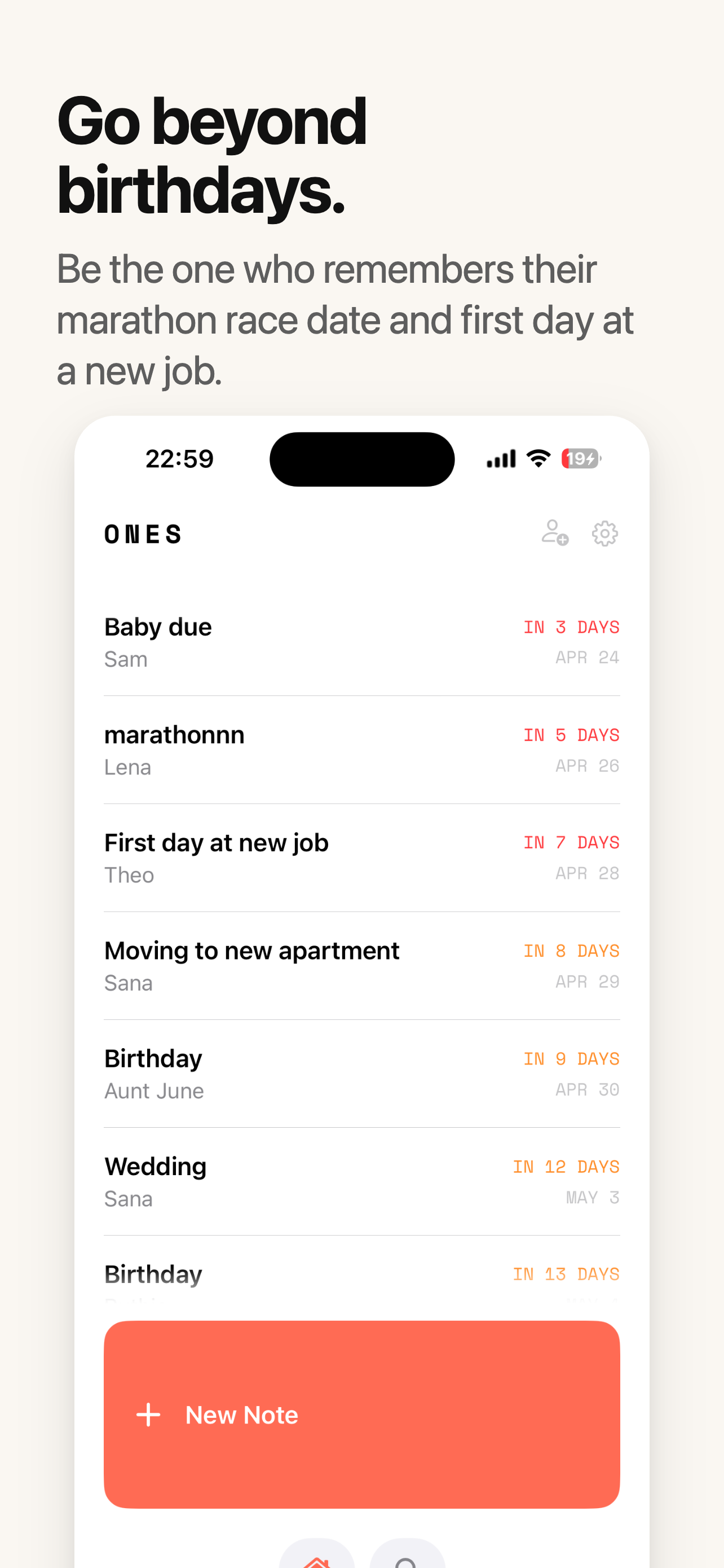 Go beyond birthdays — Ones home screen showing upcoming dates
